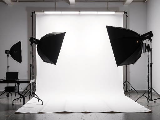 现代化摄影工作室内部,专业灯光设备,白色背景墙,整洁有序,专业摄影器材摆放整齐